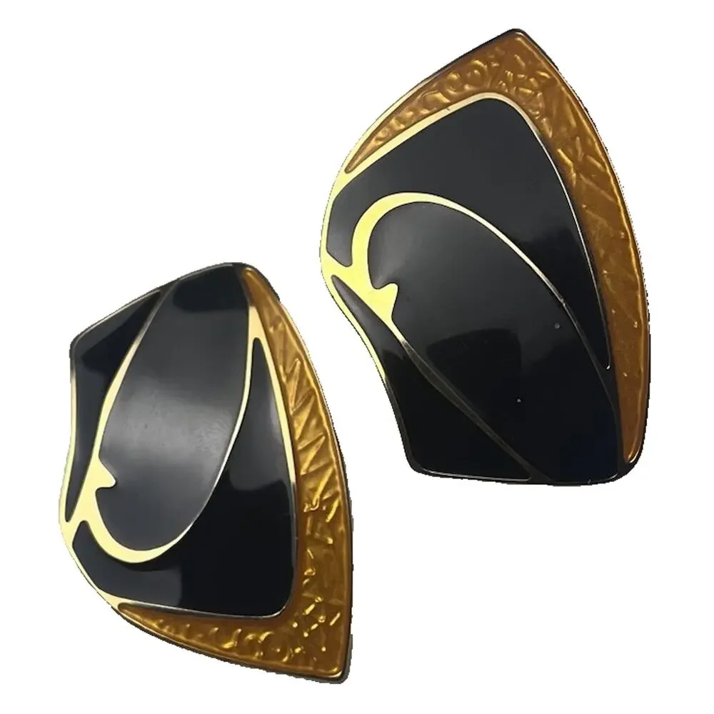 Berebi 80s Earrings Pierced Black Gold Tone Enamel Abstract Retro 90s Vintage